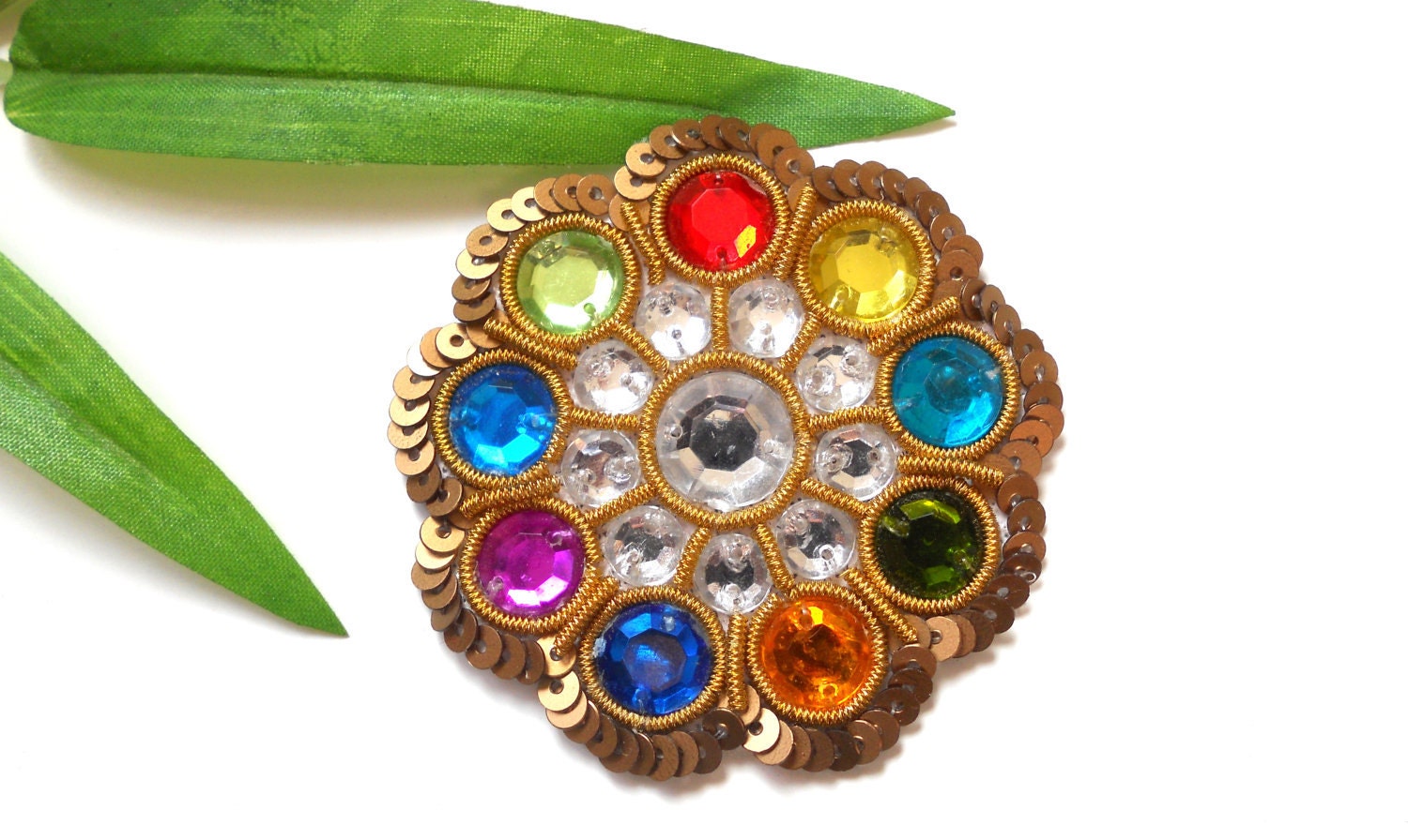 50% discount- Rhinestone Applique Flower Rainbow Medallion with antique golden sequins. Boho Handmade