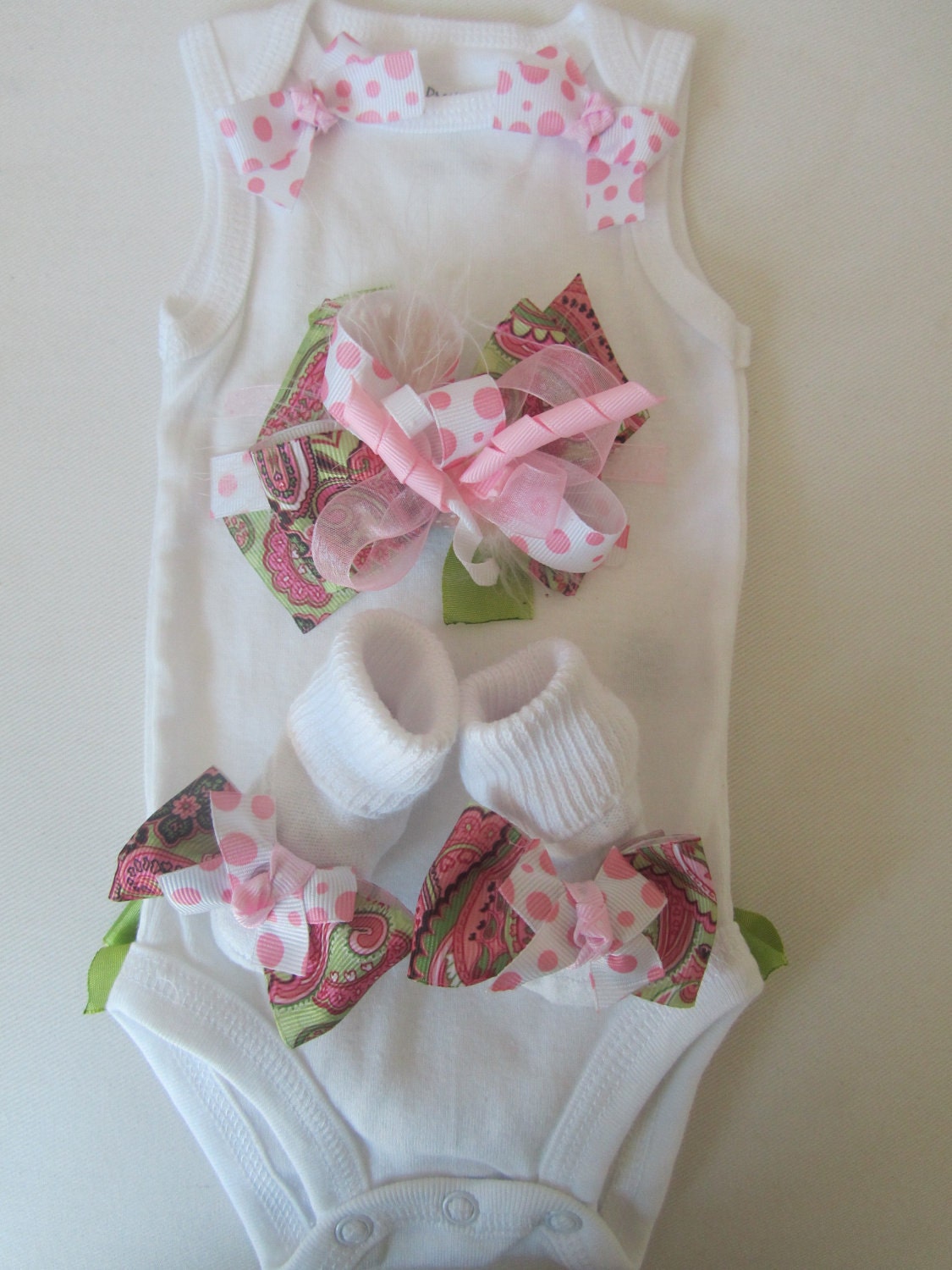 Baby Girl Clothing Gift Set/ Newborn Baby Going Home Set/ Baby's Take Home Set-- Pink and Green Paisley