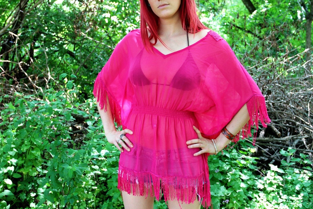 SALE Vintage1970's Fringe Cut Out Sheer Swim Tunic Kaftan