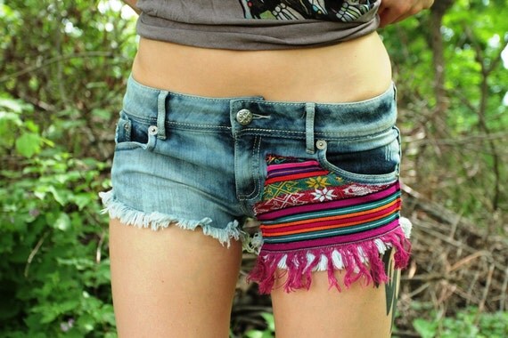 Ethnic Print Patches Fringe Gypsy Denim Festival Shorts