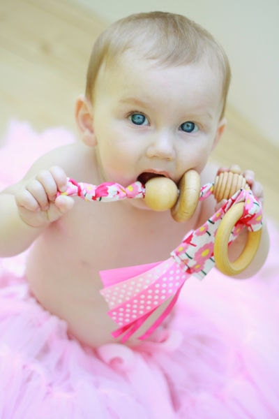 Natural Wooden  organic maple teething ring and organic fabric.  Can be personalized.  You choose fabrics for boy, girl or neutral