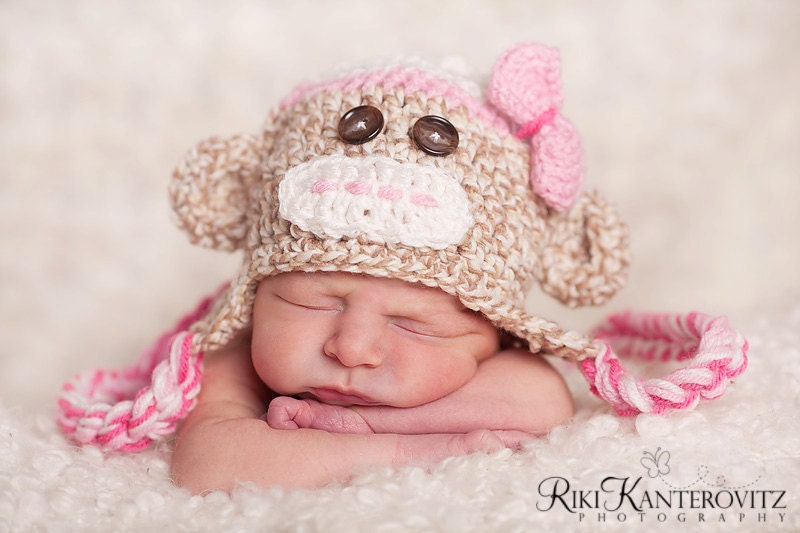 READY TO SHIP Newborn Baby Monkey Hat Cap with Earflaps & Ties and Knitted Bow Tie clip - Great Details