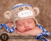 Newborn Baby Blue Monkey Hat Cap with Earflaps & Ties and Knitted Bow Tie clip - Great Details Blue