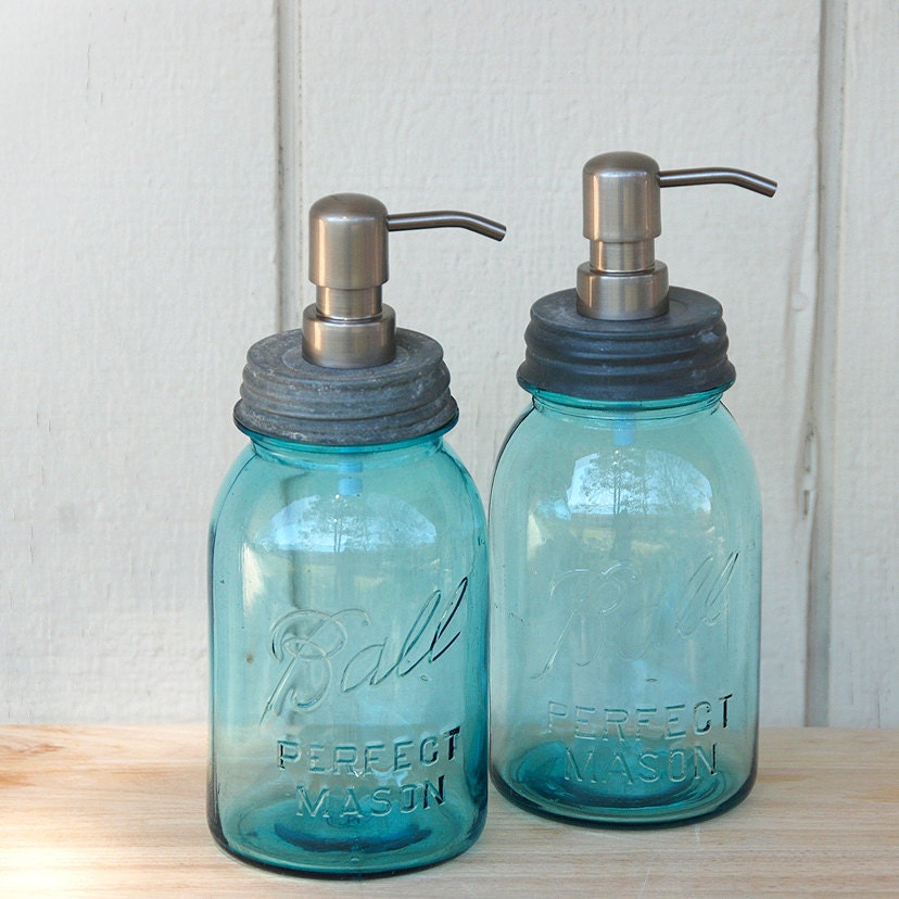 Set of 2 - Blue QUART Ball Perfect Mason Jar Soap Pump Dispensers
