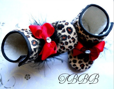 Leopard baby girl boots handcrafted with red bow and black feathers/crib baby booties