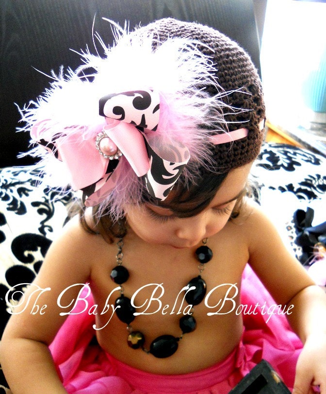 Toddler /newborn Baby Girl  Chic Brown Crochet Hat with Pink Damask Boutique Bow,Girl Hat.