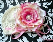 Baby Girl Ivory Crochet Flower Hat,crochet beanie -cream and pink peony- Fits infants to toddlers - Baby shower