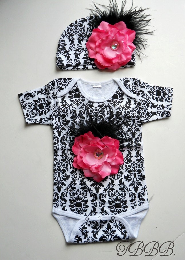 Black and white damask  Onesie and hat Set, ,Girl romper.