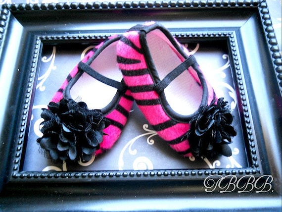 Baby Girl hot pink zebra crib shoes,black chiffon rosette