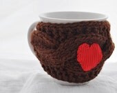 Cup Cozy, knitted mug cozy, brown color,valentines gift, mug warmer, Red heart