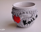Personalized Gift , Mug Cozy, any color, any word, red heart, grey color