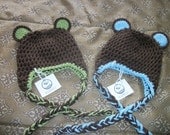 NEW - Twin Bear Beanie Set in Brown & Blue or Green Custom Photo Prop in Pick Your Size Crochet Baby Hat Gift Crochet Bear Hat Twin Set