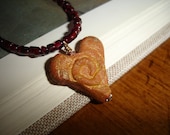 Romantic Handmade Artisan Clay Heart with Garnet Gold Necklace, Rustic, Organic