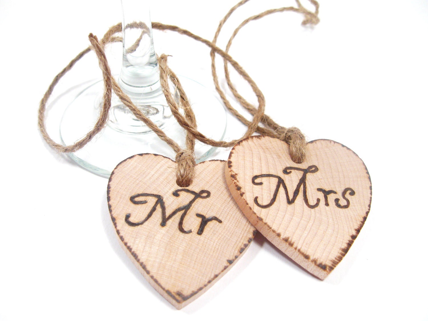 Wedding wine glass charm. Wedding tags. (Set of 2) custom Wedding wooden keepsake hearts Mr and Mrs tags Rusic Wedding woodland