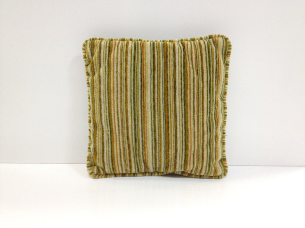 Vintage Throw Pillow Green and Brown Striped Plush Corduroy