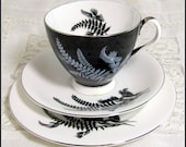 Mid Century Ferns Trio, Retro Royal Albert 'Night & Day' Black White Monochrome Silhouette Bone China Cup, Saucer, Teaplate Trio Set 1960s