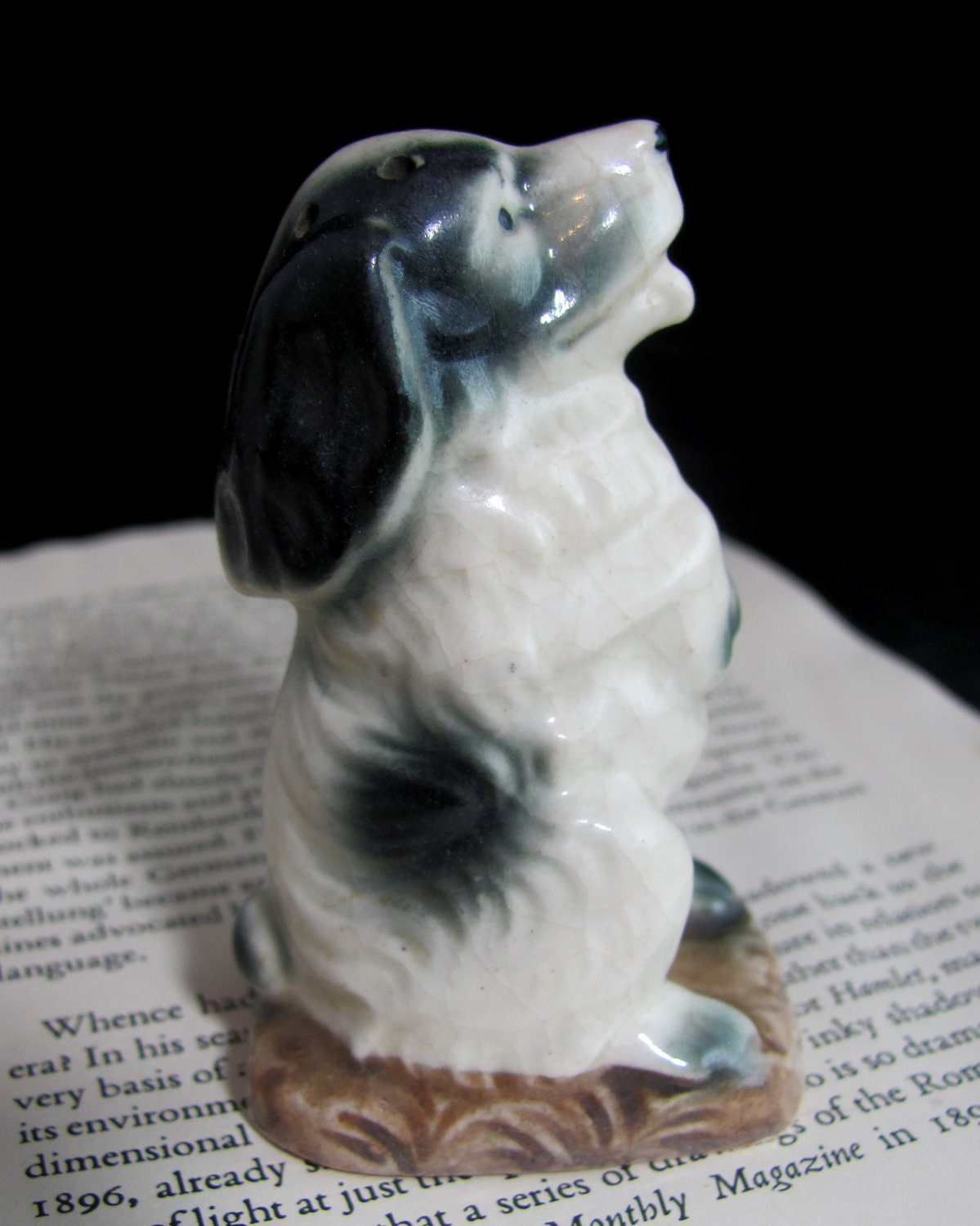 REDUCED Japanese Dog Pepperpot, Art Deco Ceramic Black & White Begging Spaniel Dog Pepper Pot Cruet 1930s