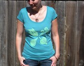 Lime Green Four Elements Screen Printed on Teal Scoopneck T-shirt - Women's Size M