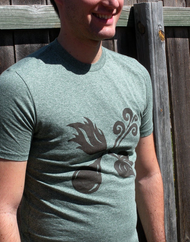 Four Elements T-Shirt - Brown Print on Heather Green Crew Neck - Men's Size S