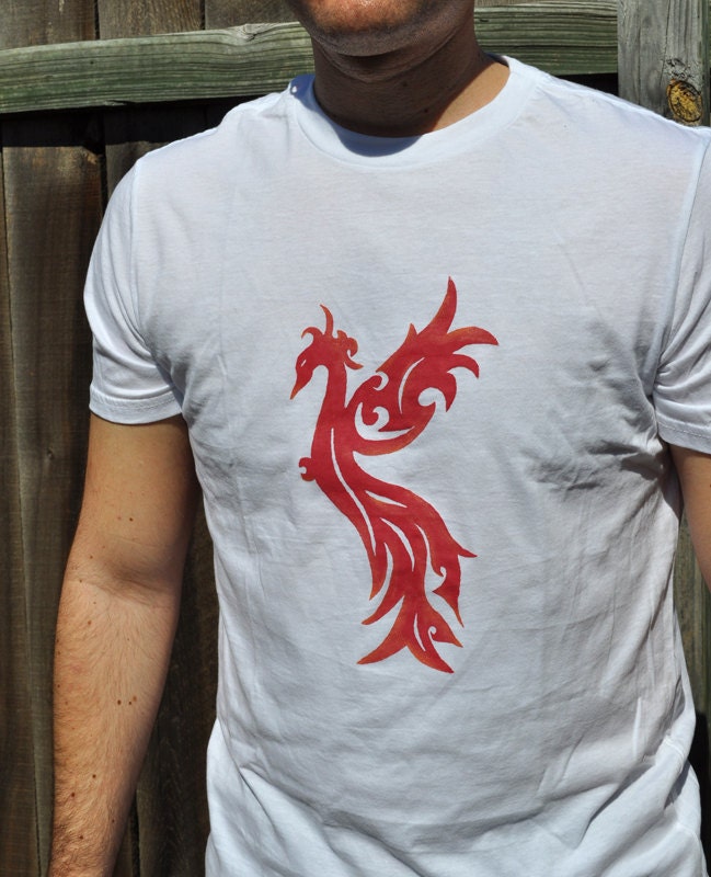 Red Phoenix Screenprinted on White Tshirt - Men's Size Medium