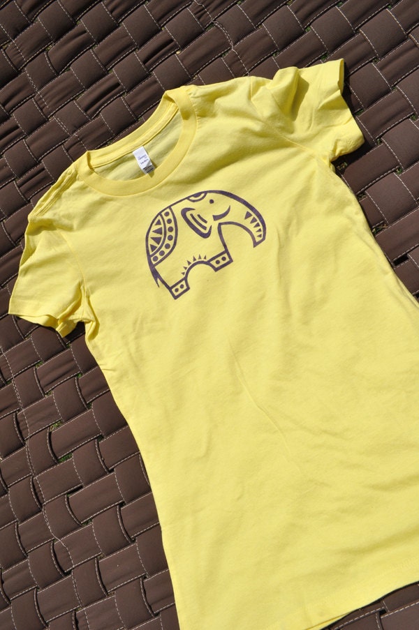 Purple Elephant Screenprinted on Yellow T-shirt - Women's Size S