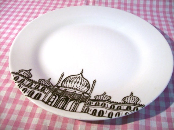Illustrated Porcelain Plate, Brighton Pavilion Drawing, Black and White Decorative Plate