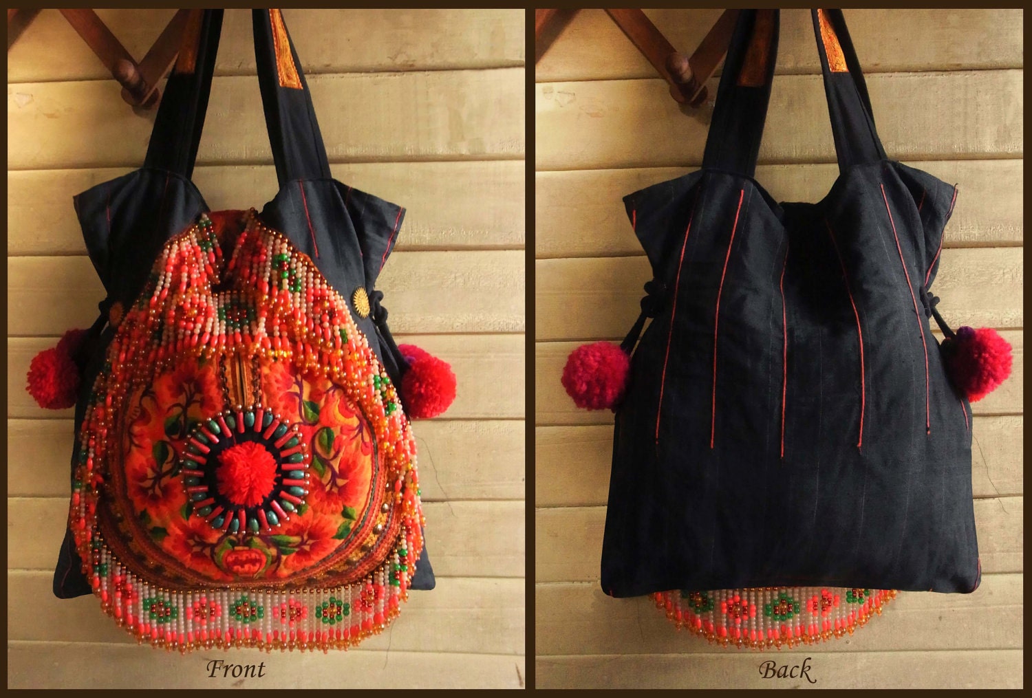 Ethnic Fringe Tote Bag with chunky pom pom /// Gypsy  // embroidery // tribal
