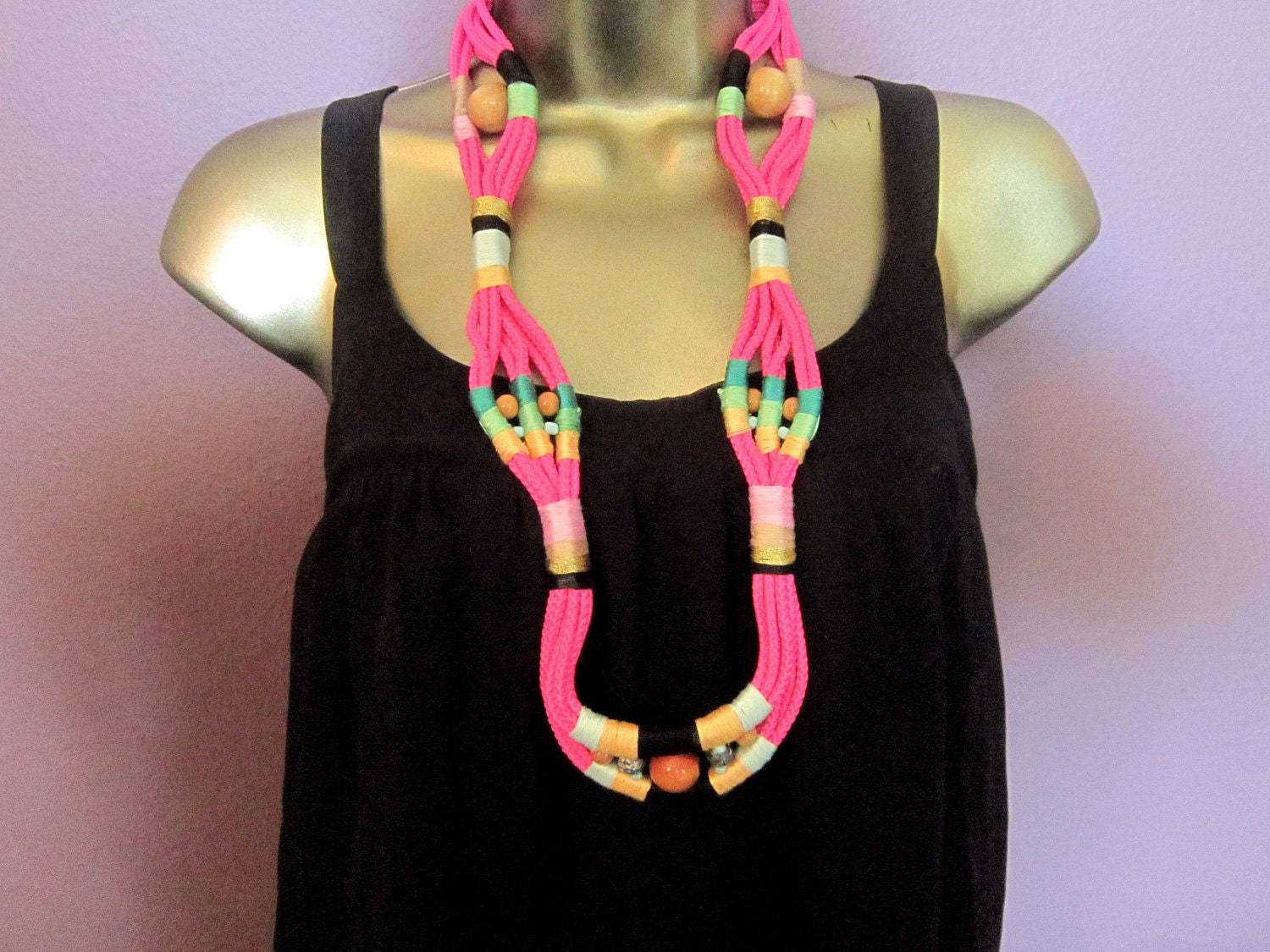 RESERV ELLIE Fiber Optix-Neon rope, Fiber and Beaded Long Statement Necklace-Pink/Mint