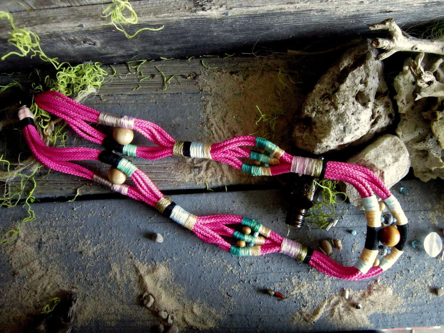 RESERV ELLIE Fiber Optix-Neon rope, Fiber and Beaded Long Statement Necklace-Pink/Mint