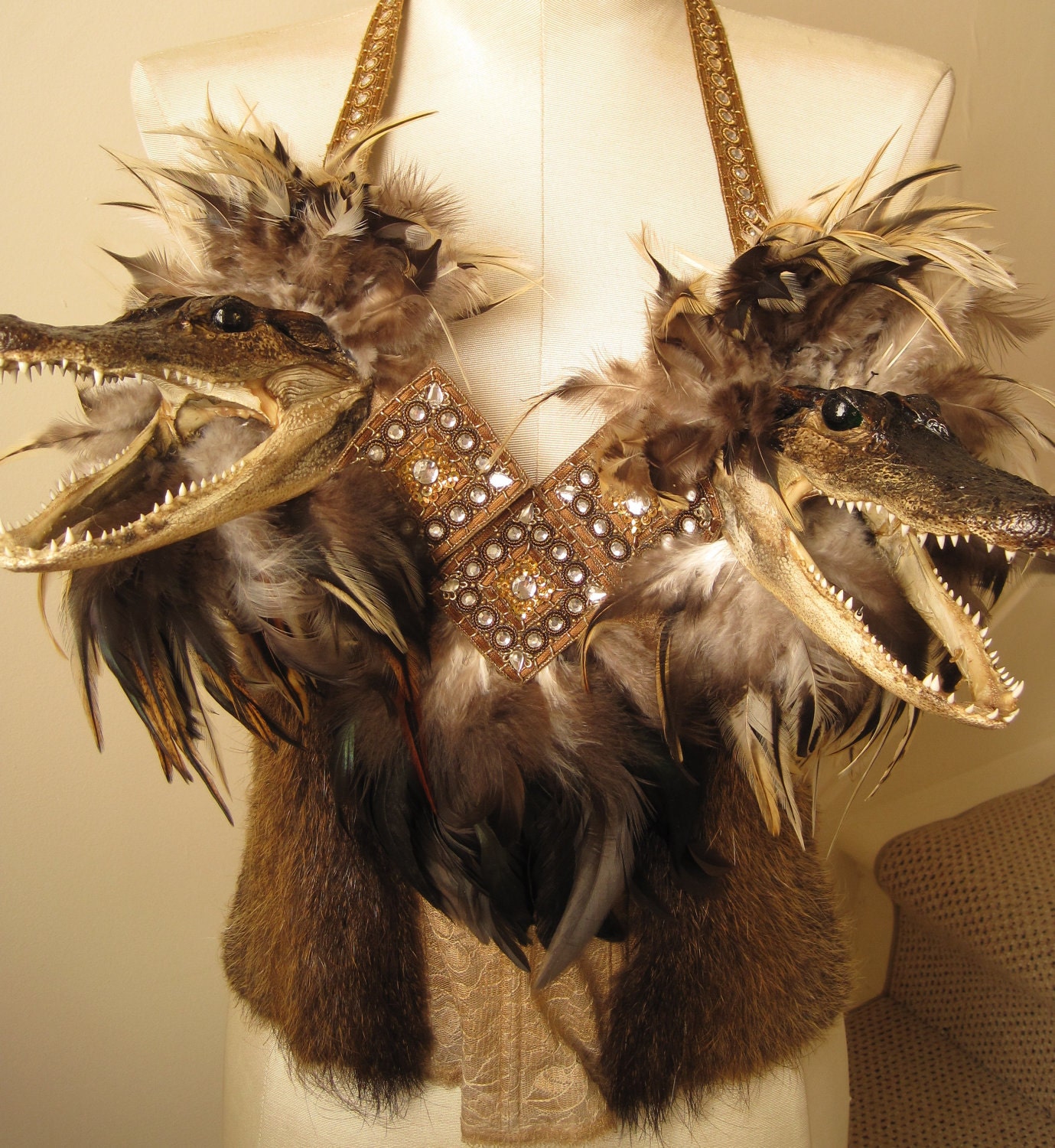 Alligator Head Bustier with Nutria Fur Panels