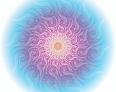 White Kaleidoscope Burst on Rainbow Background (8" x 8" square geometric print in magenta, turquoise, orange and purple)