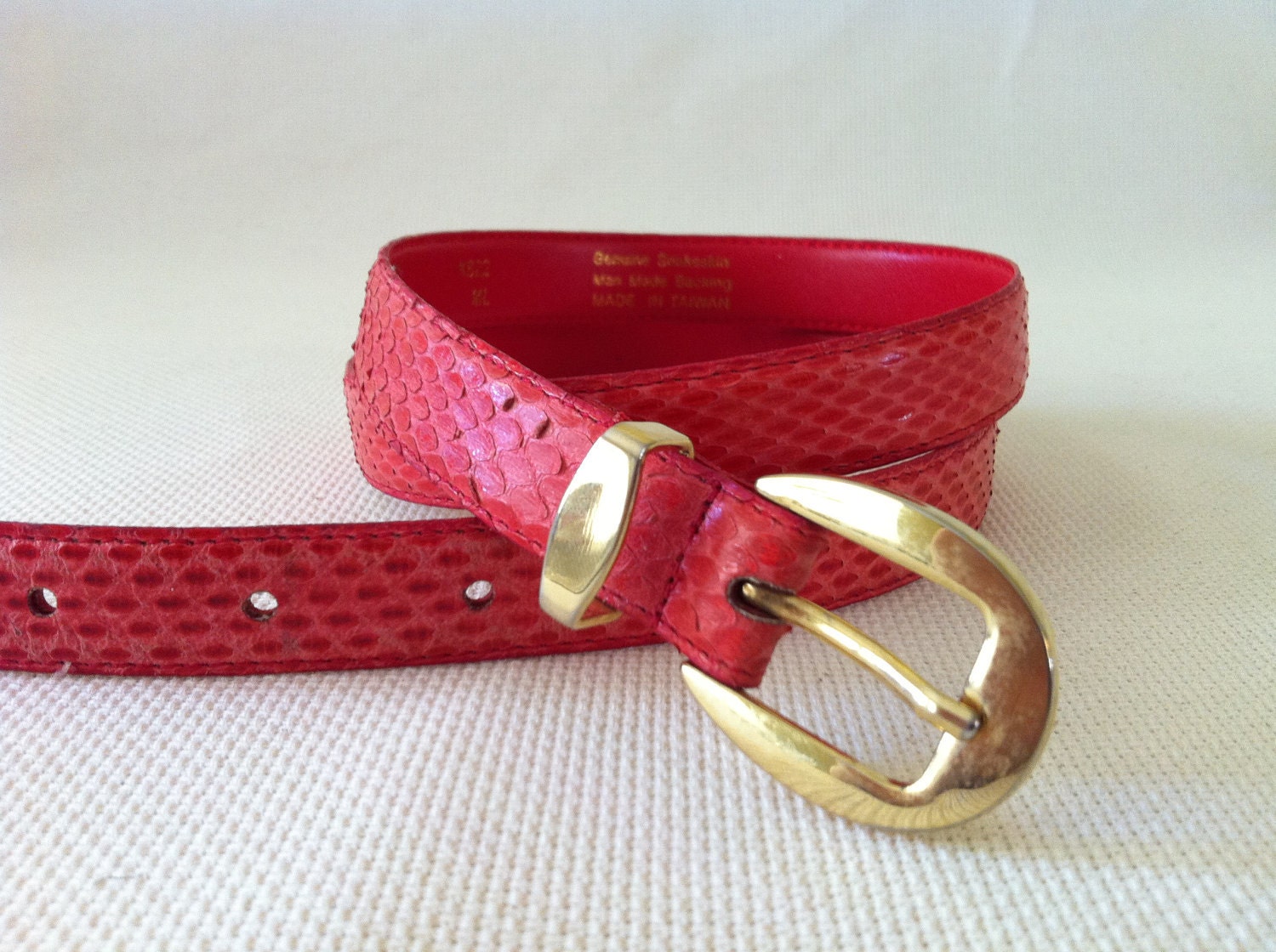 Vintage Red Genuine Snake Skin Waist Belt with Gold Tone Buckle