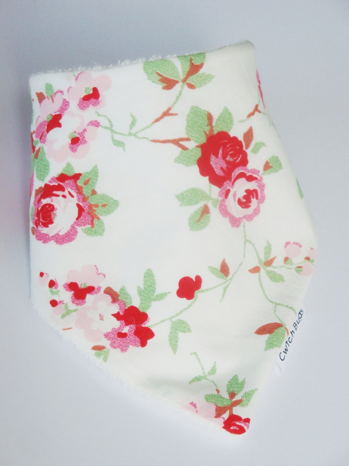Baby Bandana Bib with Organic Bamboo Terry RETRO ROSES on White - A Baby Gift Idea by Cwtch Bugs