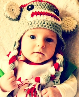 PHOTO PROP Baby Sock Monkey Hat with Earflaps Hand Crocheted -  Cwtch Bugs UK Seller