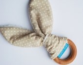 Natural Wooden Teething Ring Soother 'BUNNY'  'Beige Polka Dots' and Organic Bamboo Terry...from Cwtch Bugs