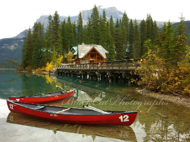 Red canoe photo, nature photography, lake photograph, 8x12 mountain fine art, Canadian landscape  print