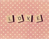 Pink Polka Dot Love Photo Art Print Scrabble - 8 x 10