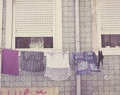 Clothesline Photo Art Print Clothes Hanging Dry Tiles Lisbon Portugal Travel Lavender Purple Violet - 8 x 12