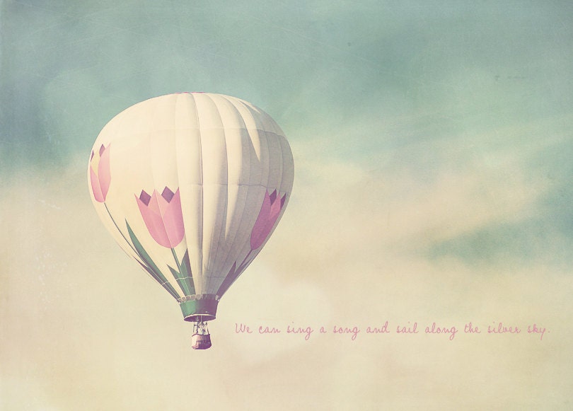 Hot Air Balloon Photo Art Print Pink Flowers Green Leaves - 8 x 12