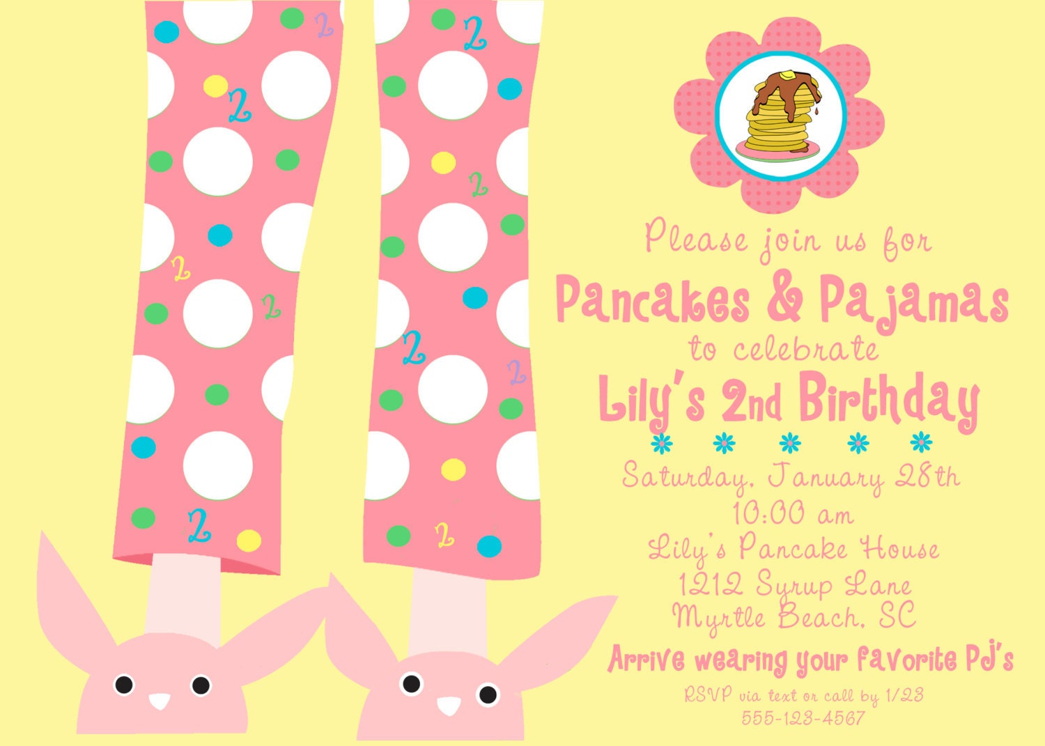 PANCAKES & PAJAMAS Invitation, Yellow and Pink, As Seen on Pizzazzerie, PRINTABLE by Libby Lane Press Il_570xn