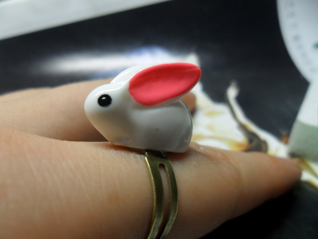 Rabbit Animal Ring - Cute Lovely White Rabbit Bunny With Pink Ear Bronze Adjustable Ring