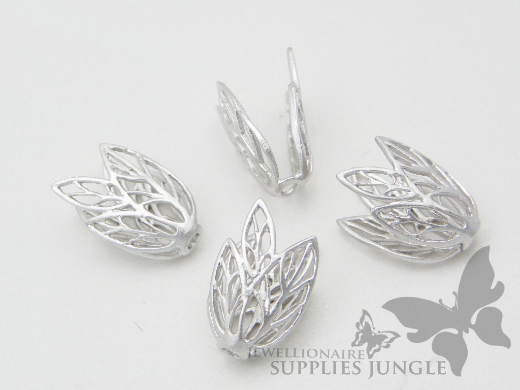 A502-MR// Matt Original Rhodium Plated Delicate Leaves Bead Cap,4Pc