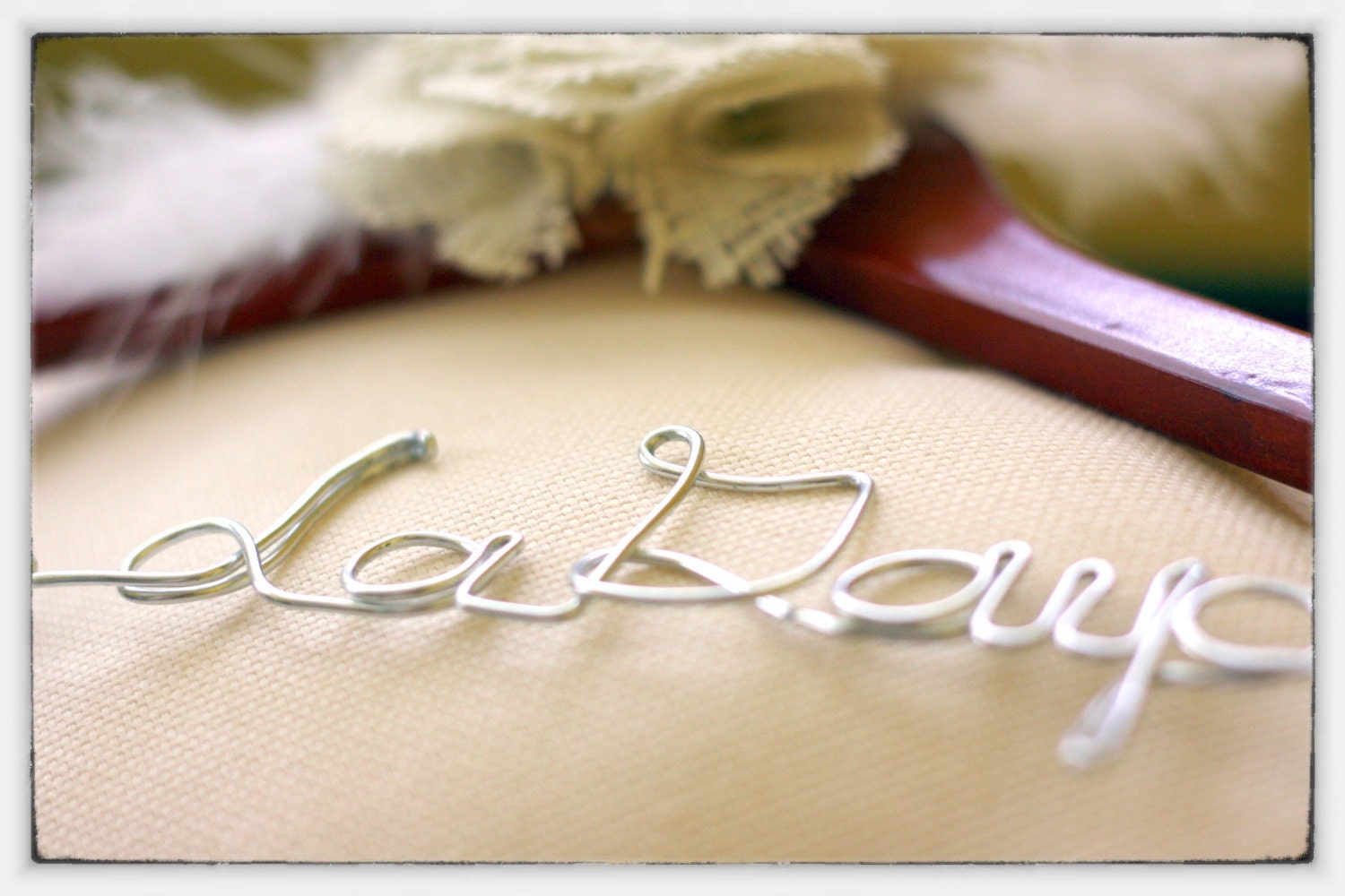 Wedding Dress Hanger with Burlap Flower - Cherry Finish Custom Bridal Hanger