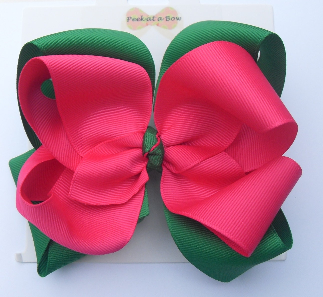 Hair bow Double layer medium shocking pink and emerald