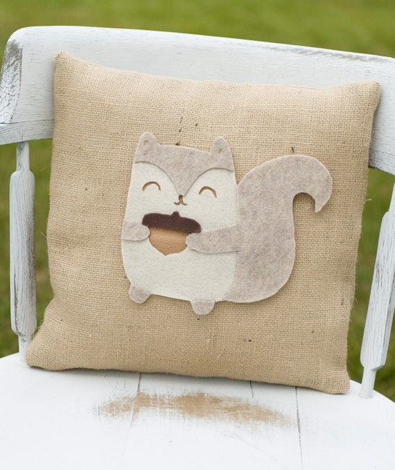 Quirky- Decorative Felt Squirrel Burlap Pillow 14x14