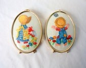 SALE - Vintage Framed Embroidery Little Boy and Little Girl Children Set of 2 Oval Gold Frames Handmade
