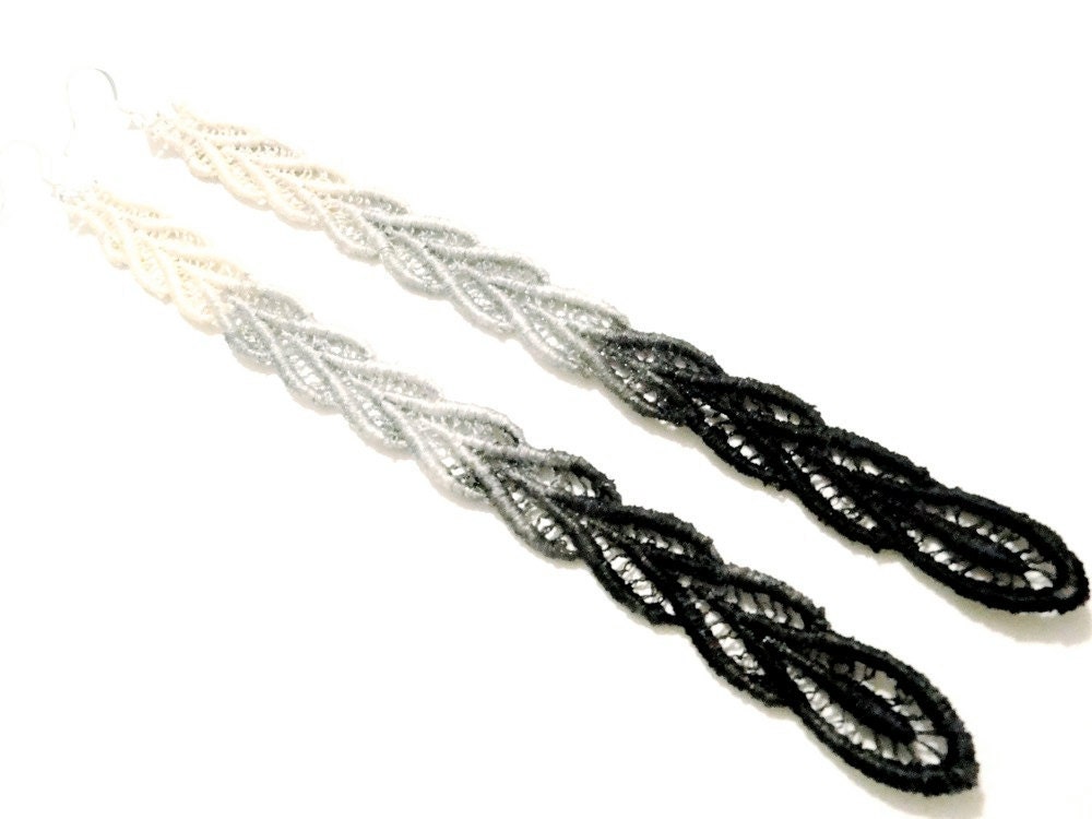 Lace Earrings Hand Painted - Black Grey Cream Ombre - Customizable Colors