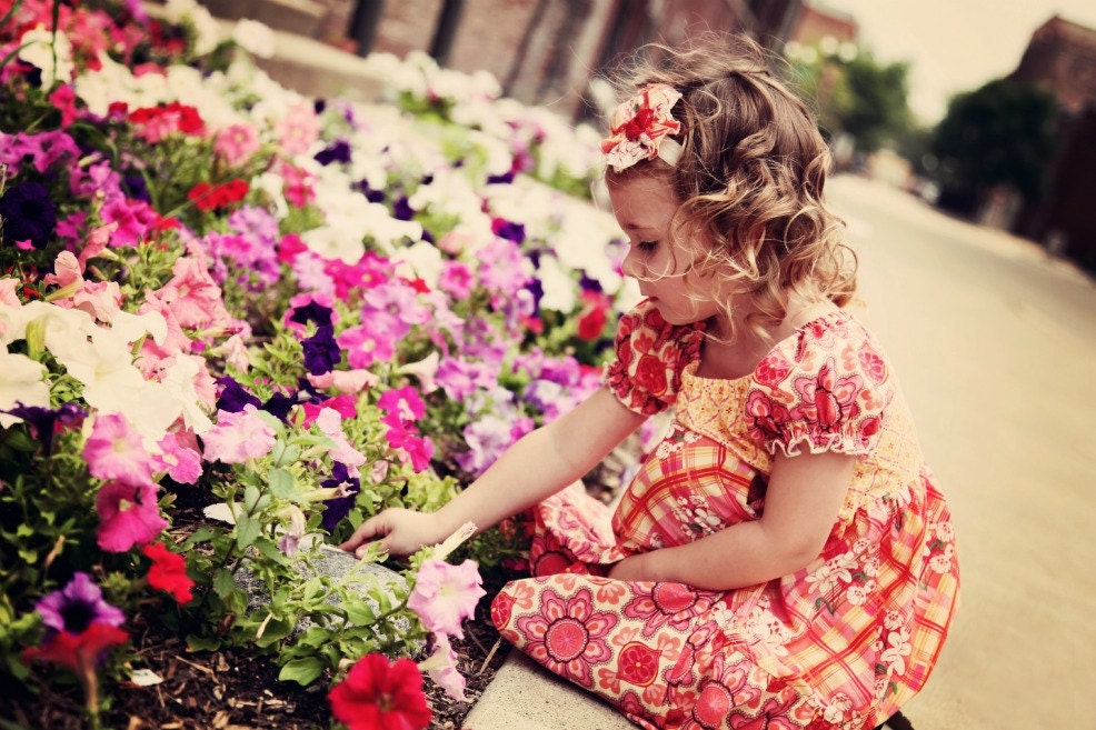 Audrey Dress -  Peasant tiered pink and orange floral plaid spring summer size 0-3 mo - 12 years