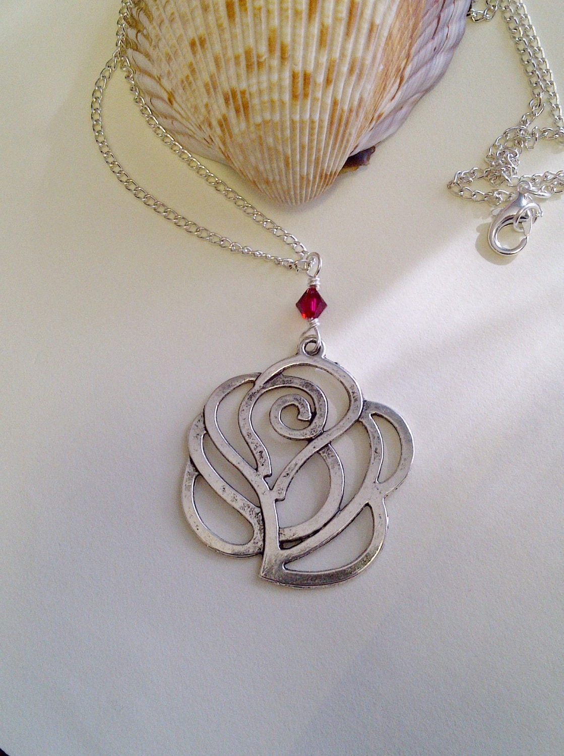 Large Antique Silver Rose Necklace with Swarovski Ruby Crystal Wire Wrapped Handmade Jewelry
