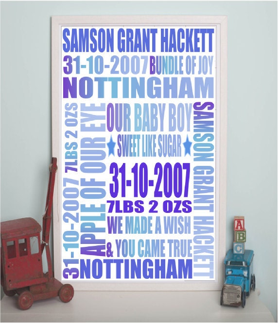 Personalized Baby Word Art Print. Christening, Baptism, Baby Gift. 10x8" Giclee Linen Print.